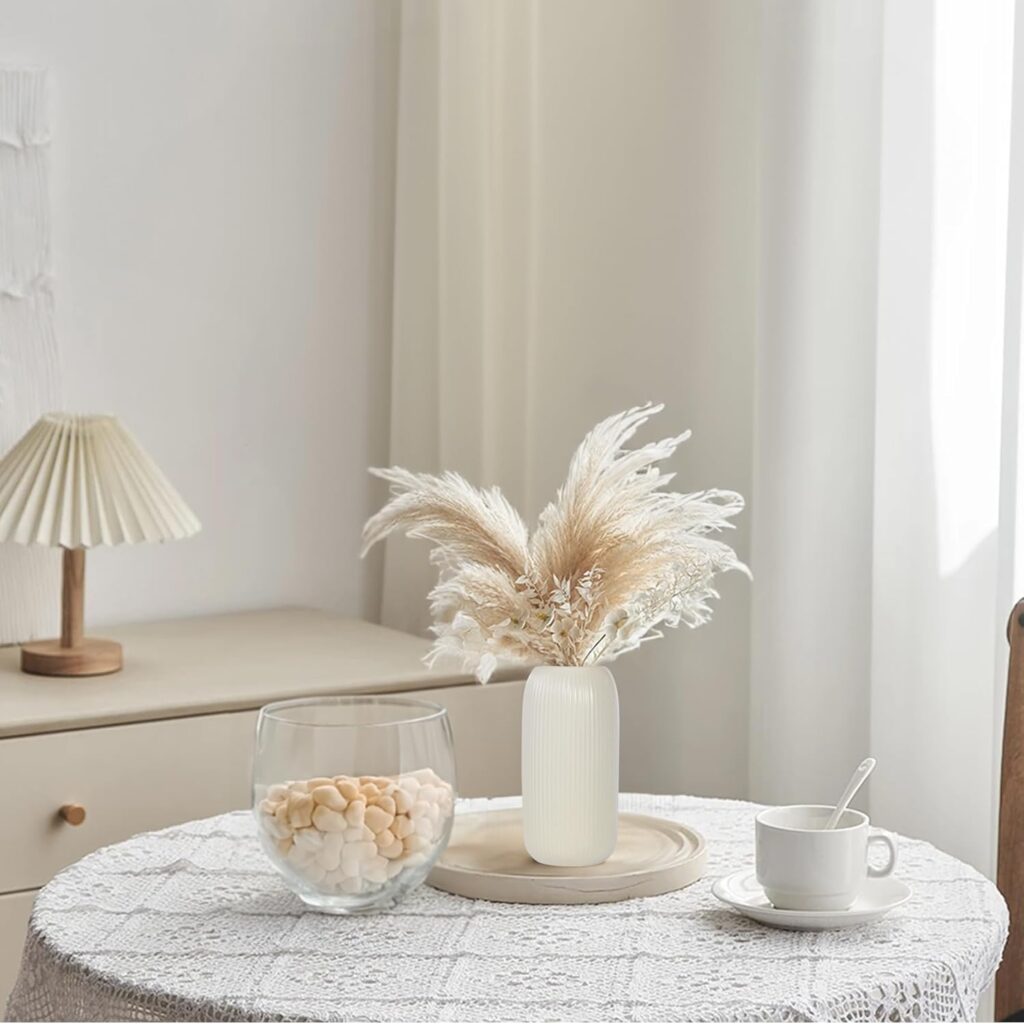 White Ceramic Vase for Flowers, 8 INCH Modern Small Ribbed Textured White Flower Vase for Home Decor, Pampas Grass, Decorative, Farmhouse, Coffee Table, Bookshelf and Home Living