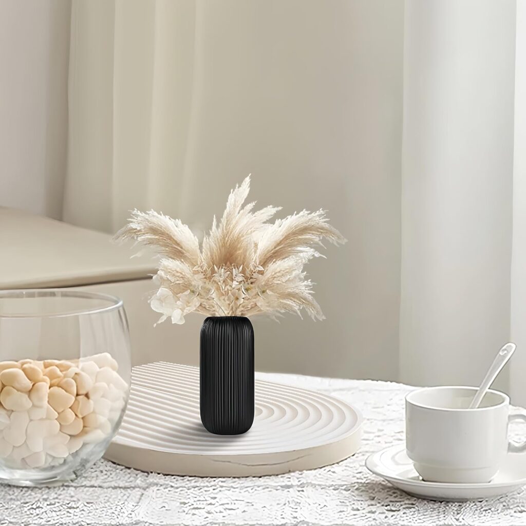 White Ceramic Vase for Flowers, 8 INCH Modern Small Ribbed Textured White Flower Vase for Home Decor, Pampas Grass, Decorative, Farmhouse, Coffee Table, Bookshelf and Home Living