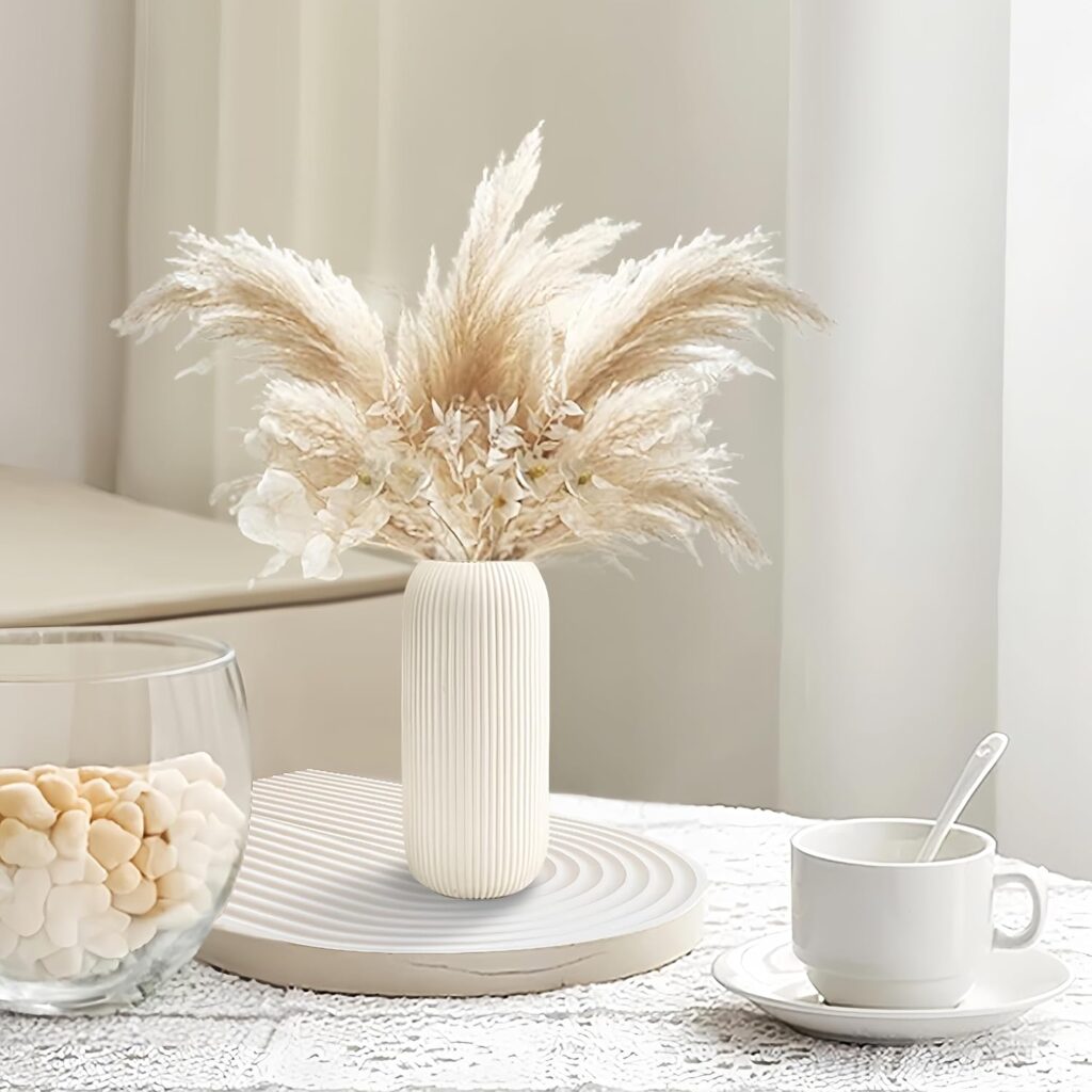 White Ceramic Vase for Flowers, 8 INCH Modern Small Ribbed Textured White Flower Vase for Home Decor, Pampas Grass, Decorative, Farmhouse, Coffee Table, Bookshelf and Home Living