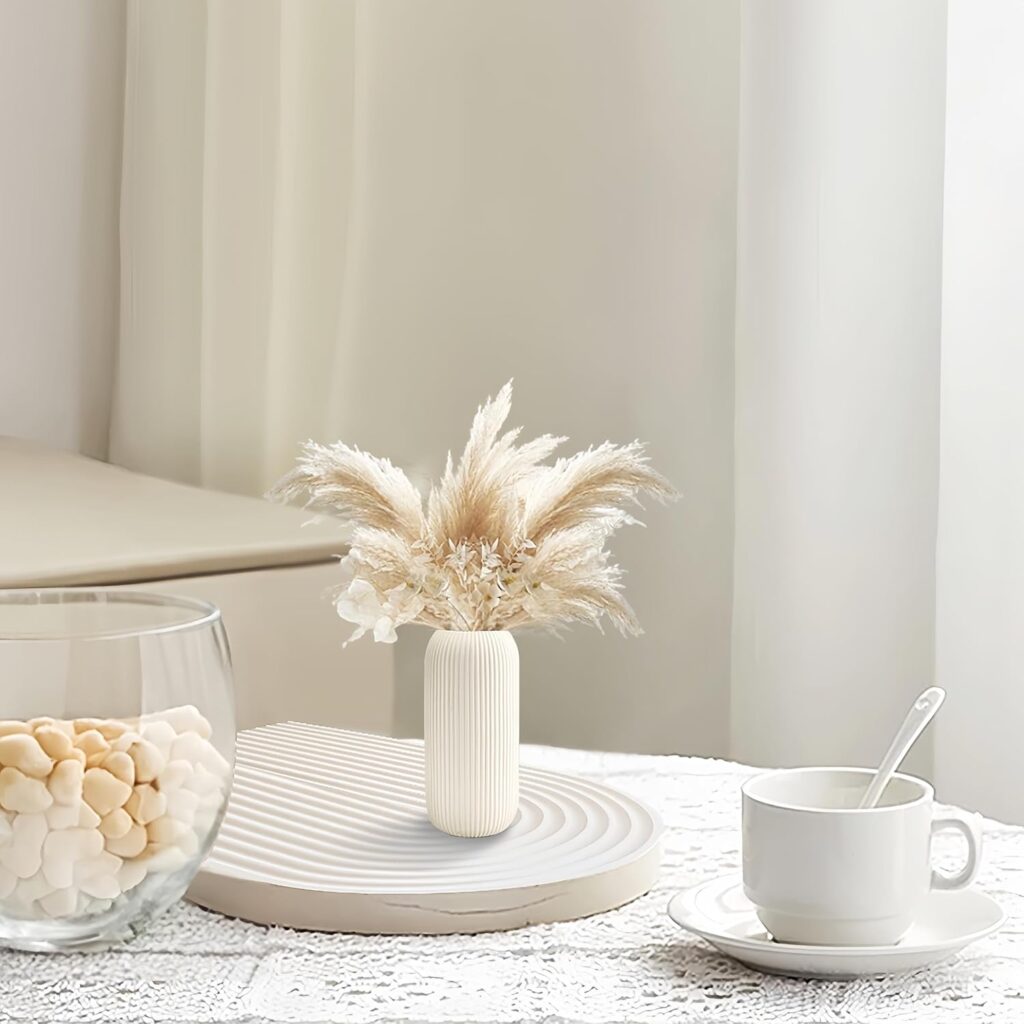White Ceramic Vase for Flowers, 8 INCH Modern Small Ribbed Textured White Flower Vase for Home Decor, Pampas Grass, Decorative, Farmhouse, Coffee Table, Bookshelf and Home Living