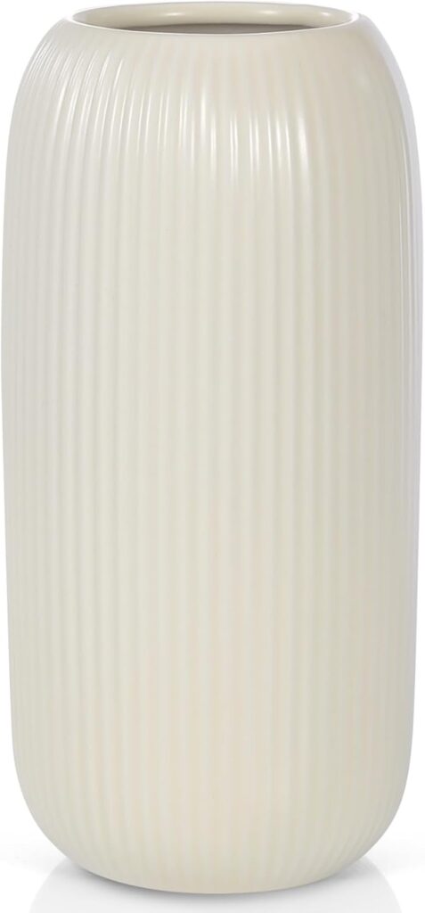 White Ceramic Vase for Flowers, 8 INCH Modern Small Ribbed Textured White Flower Vase for Home Decor, Pampas Grass, Decorative, Farmhouse, Coffee Table, Bookshelf and Home Living