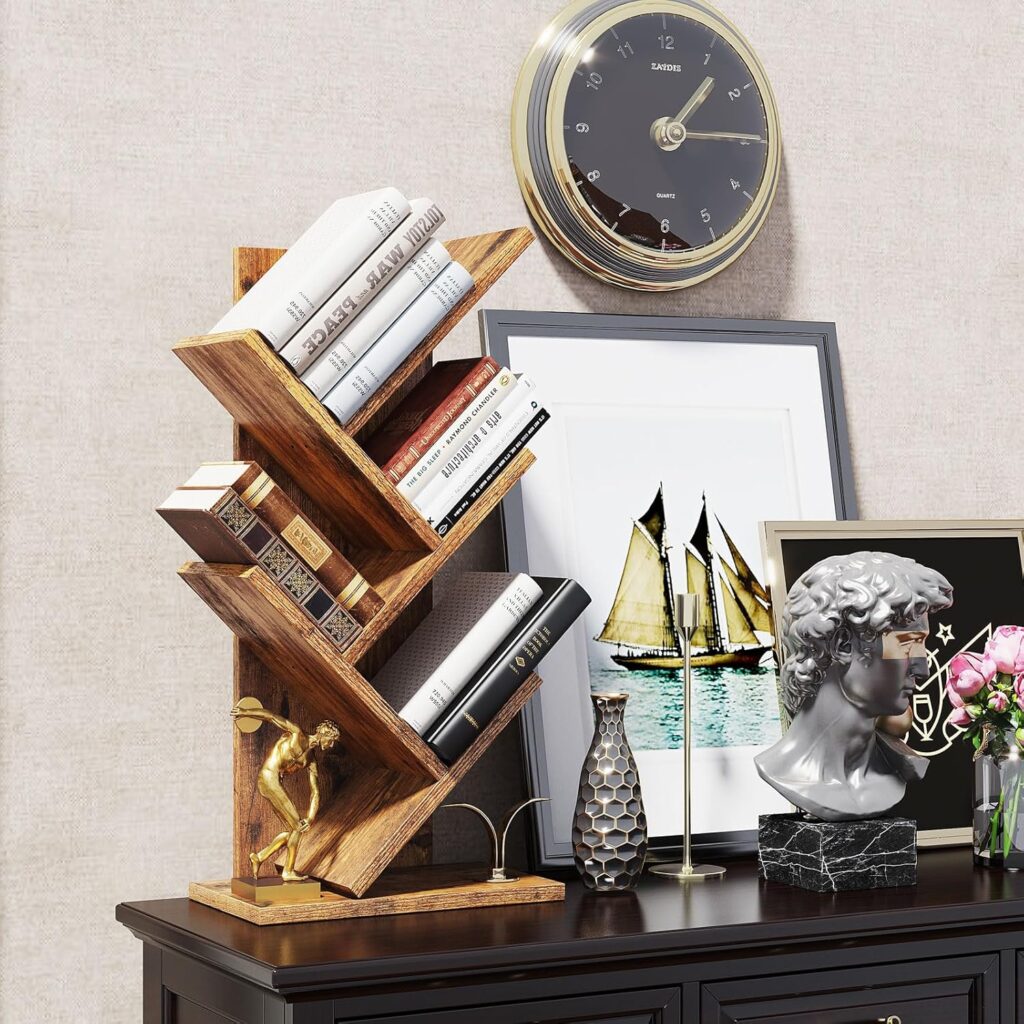 YMYNY 2 Tier Tree Bookshelf, Small Bookcase, Modern Wood Book Storage Rack Organizer, Freestanding Book Shelf for Books/Movies/CDs, Display Rack for Bedroom, Home Office, Black UHBC012B