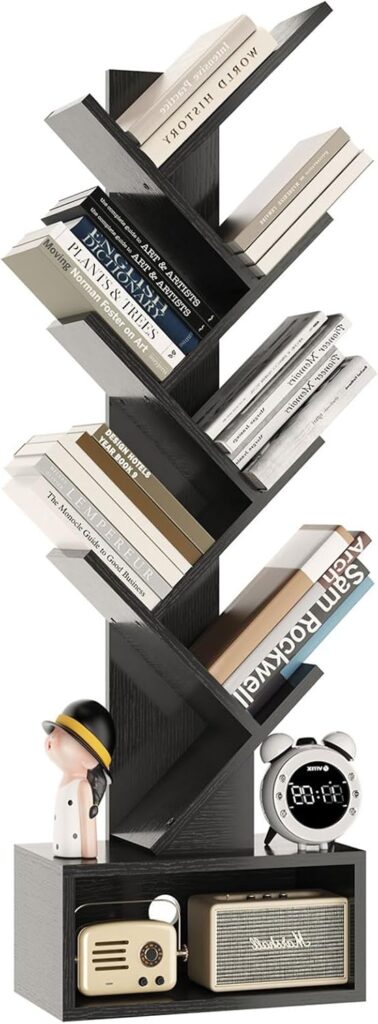 YMYNY 2 Tier Tree Bookshelf, Small Bookcase, Modern Wood Book Storage Rack Organizer, Freestanding Book Shelf for Books/Movies/CDs, Display Rack for Bedroom, Home Office, Black UHBC012B