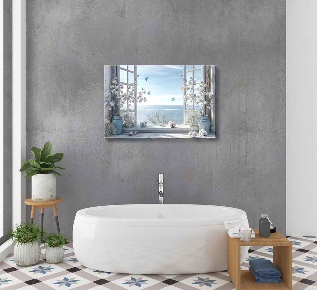 Coastal Flower Bathroom Canvas Wall Art Farmhouse Cotton Bouquet and Butterfly Bathroom on Window Wall Decor Rustic Blue Beach Butterfly Poster Print for Living Room Bedroom Restroom Home Decoration