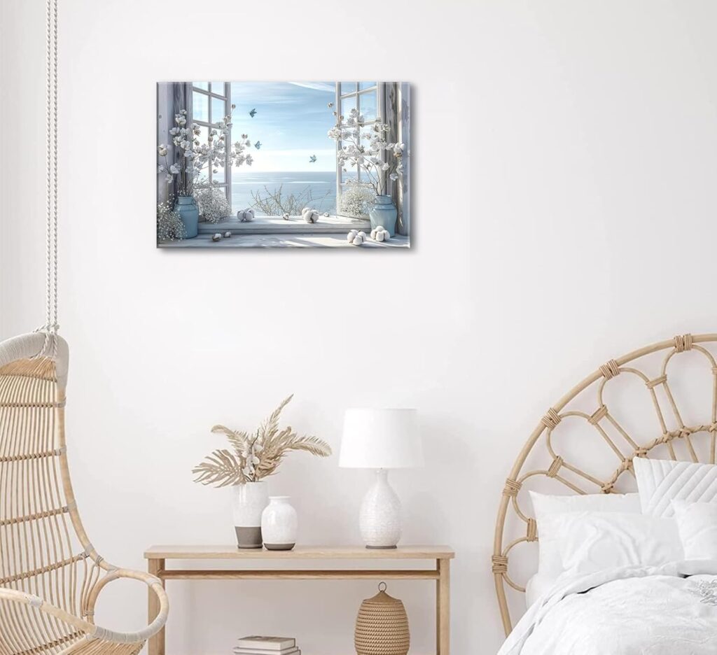 Coastal Flower Bathroom Canvas Wall Art Farmhouse Cotton Bouquet and Butterfly Bathroom on Window Wall Decor Rustic Blue Beach Butterfly Poster Print for Living Room Bedroom Restroom Home Decoration