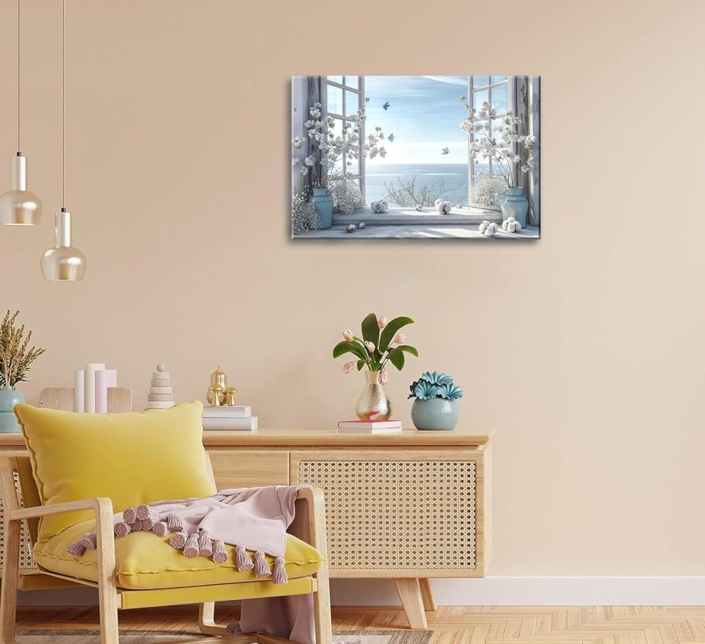 Coastal Flower Bathroom Canvas Wall Art Farmhouse Cotton Bouquet and Butterfly Bathroom on Window Wall Decor Rustic Blue Beach Butterfly Poster Print for Living Room Bedroom Restroom Home Decoration