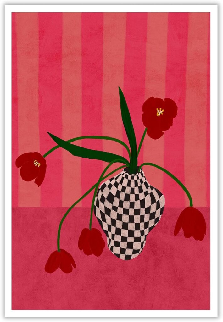 Contemporary, Eclectic Canvas Wall Art Tulips In A Checkered Vase Prints Poster Funny Floral Art Room Aesthetic Wall Decor 12x16in Unframed