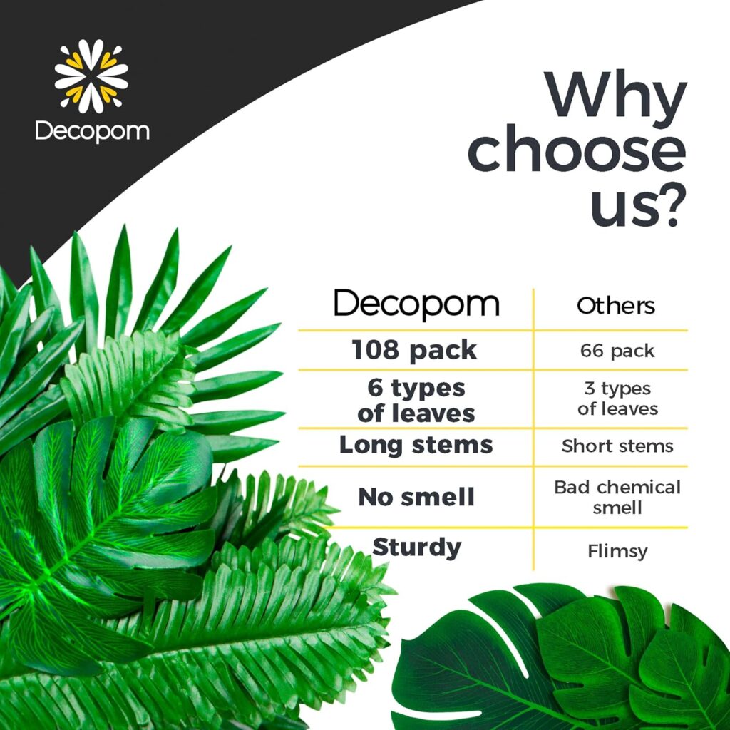 Decopom Palm Leaves Artificial Tropical Monstera-84Pcs 6 Kinds Large Small Green Fake Palm Leaf with Stems for Safari Jungle Hawaiian Luau Party Table Decoration Wedding Birthday Theme Party Decopom Palm Leaves Artificial Tropical Monstera-84Pcs 6 Kinds Large Small Green Fake Palm Leaf with Stems for Safari Jungle Hawaiian Luau Party Table Decoration Wedding Birthday Theme Party