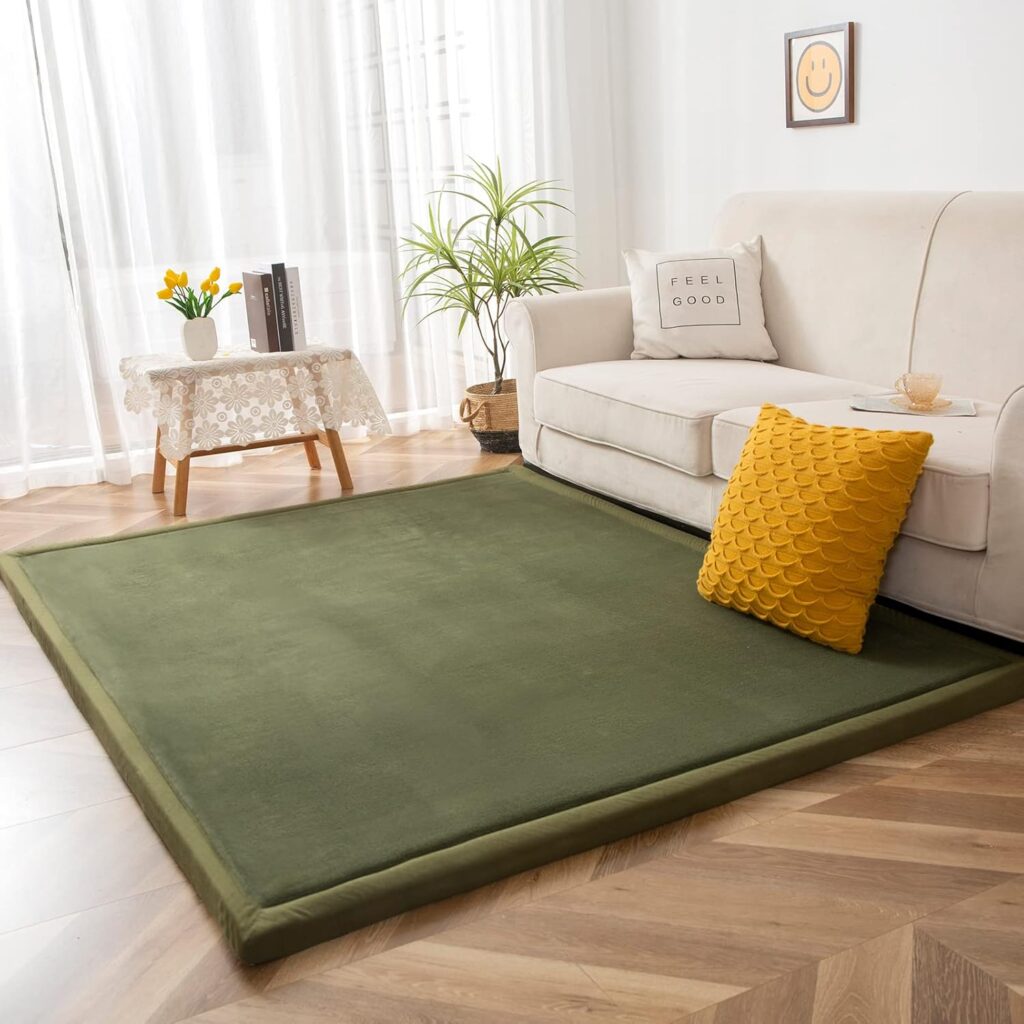 MAXYOYO Coral Velvet Area Rug, Thick Japanese Tatami Mat Living Room Carpet with Non-Slip Backing, Large Solid Color Mat for Bedroom Dormitory Yoga, Olive Green, 59x 78