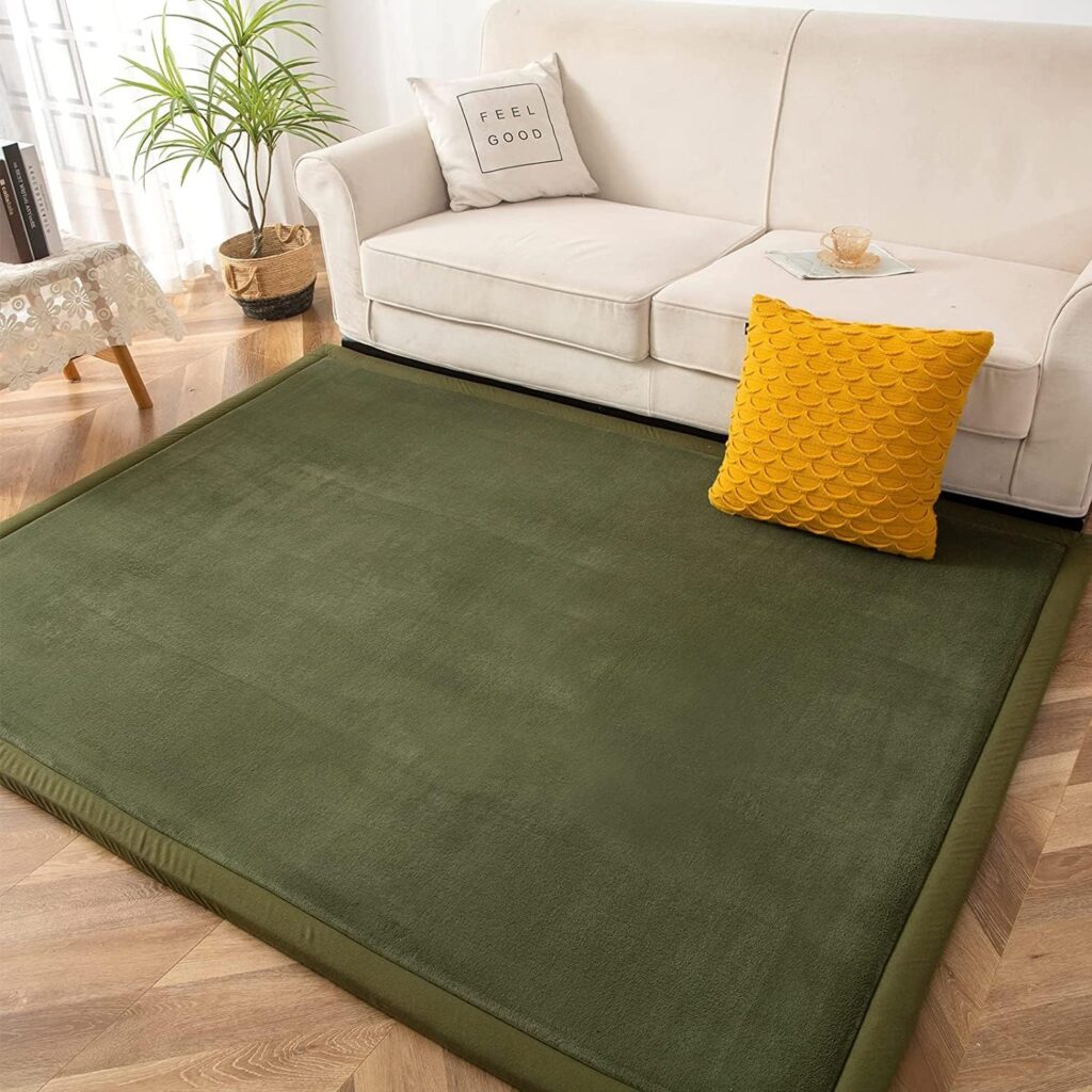 MAXYOYO Coral Velvet Area Rug, Thick Japanese Tatami Mat Living Room Carpet with Non-Slip Backing, Large Solid Color Mat for Bedroom Dormitory Yoga, Olive Green, 59x 78