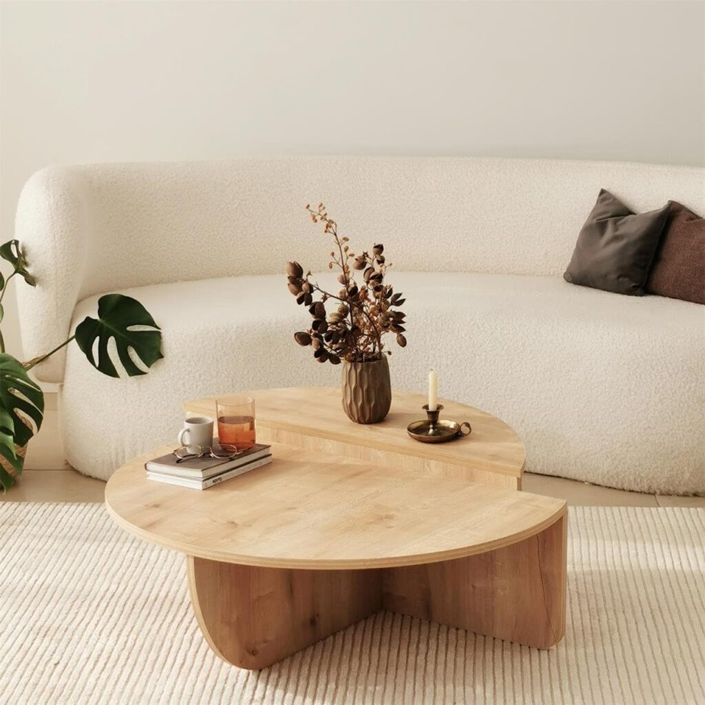 Modern Wooden Round Coffee Table,Chipboard Wood Center Table,Unique Nesting Coffee Tables,Mid Century Aesthetic Low Coffee Table (Oak)