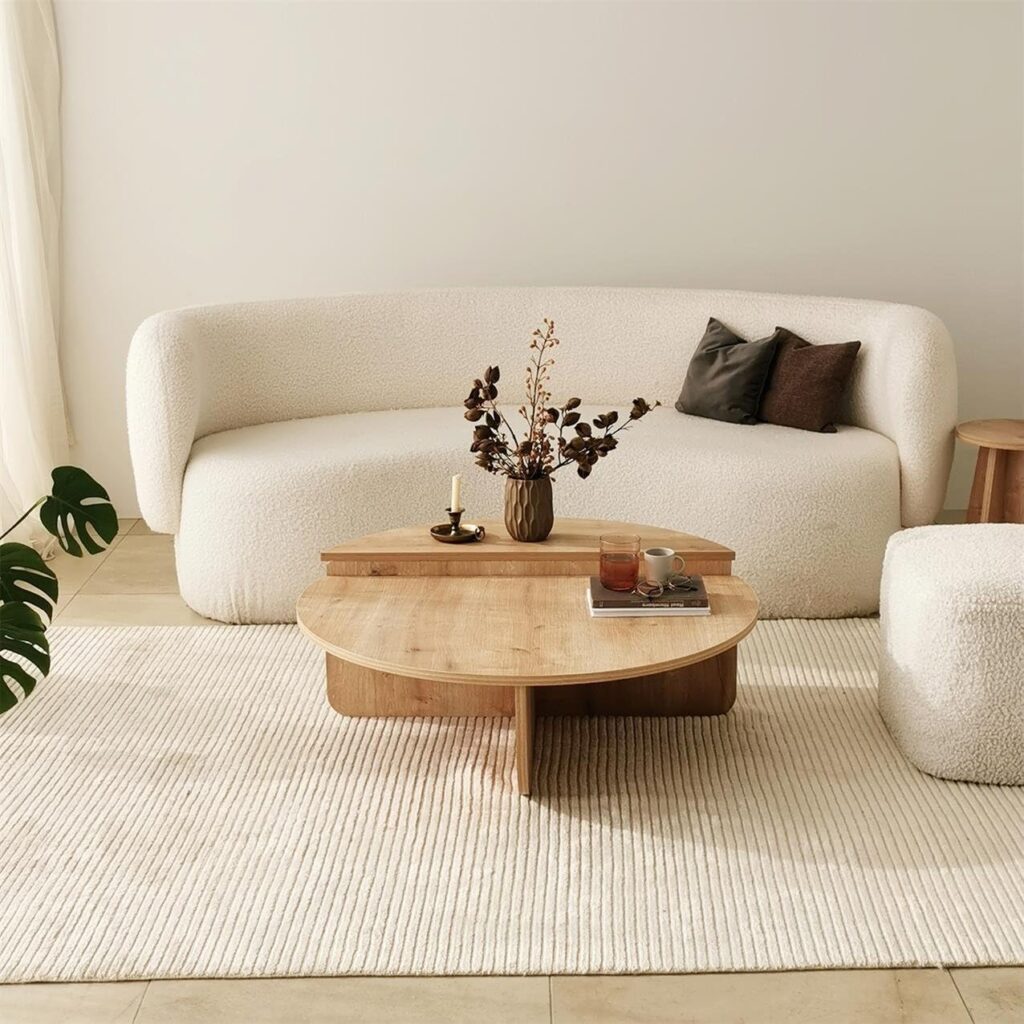 Modern Wooden Round Coffee Table,Chipboard Wood Center Table,Unique Nesting Coffee Tables,Mid Century Aesthetic Low Coffee Table (Oak)