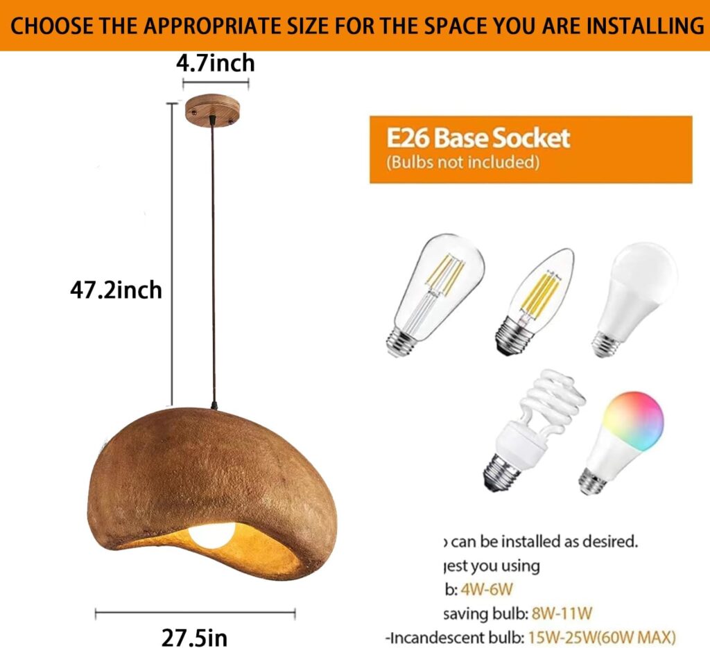 Wabi-Sabi Style Pendant Light Fixtures, Modern Hanging Light with Adjustable Cord Brown Pendant Lighting for Kitchen Island Barn Dining Room Bedroom (23.6)