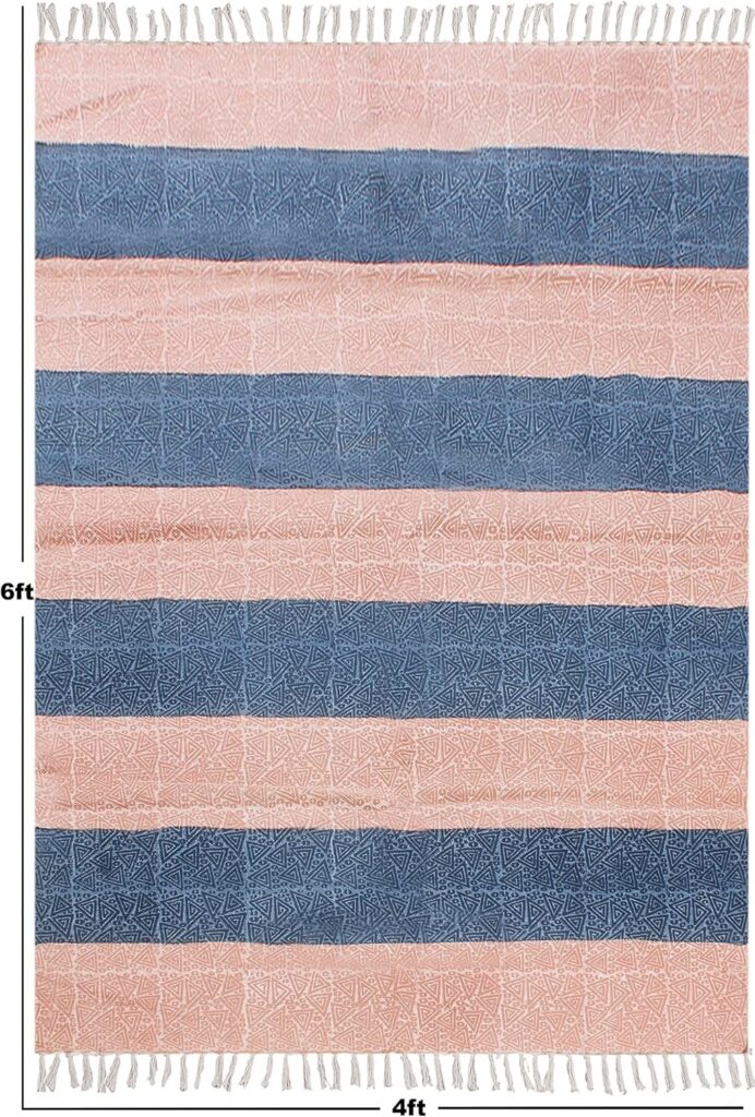 9x12 Area Rugs for Living Room Kilim Rug Striped Design Flatweave Handmade Boho Green Beige Cotton Hand Block Printed Thick 0.19 Easy Washable Indoor Outdoor Use Bedroom Dining Room