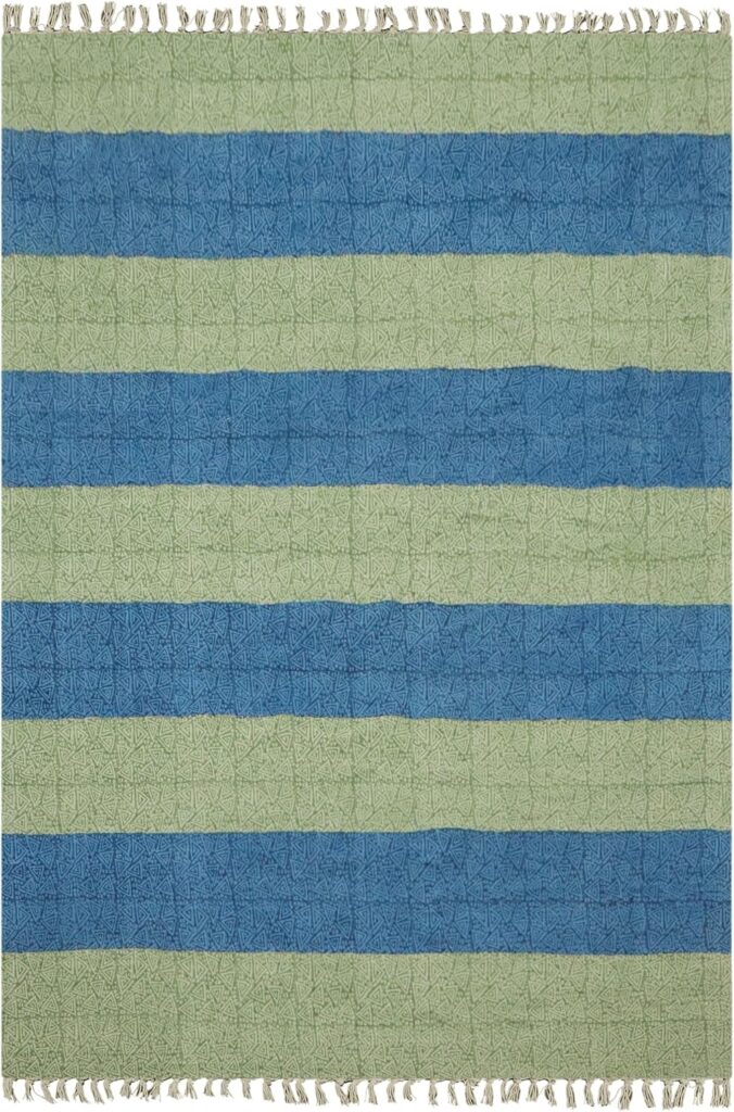 9x12 Area Rugs for Living Room Kilim Rug Striped Design Flatweave Handmade Boho Green Beige Cotton Hand Block Printed Thick 0.19 Easy Washable Indoor Outdoor Use Bedroom Dining Room