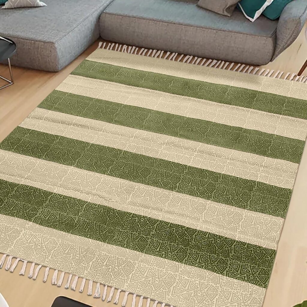 9x12 Area Rugs for Living Room Kilim Rug Striped Design Flatweave Handmade Boho Green Beige Cotton Hand Block Printed Thick 0.19 Easy Washable Indoor Outdoor Use Bedroom Dining Room