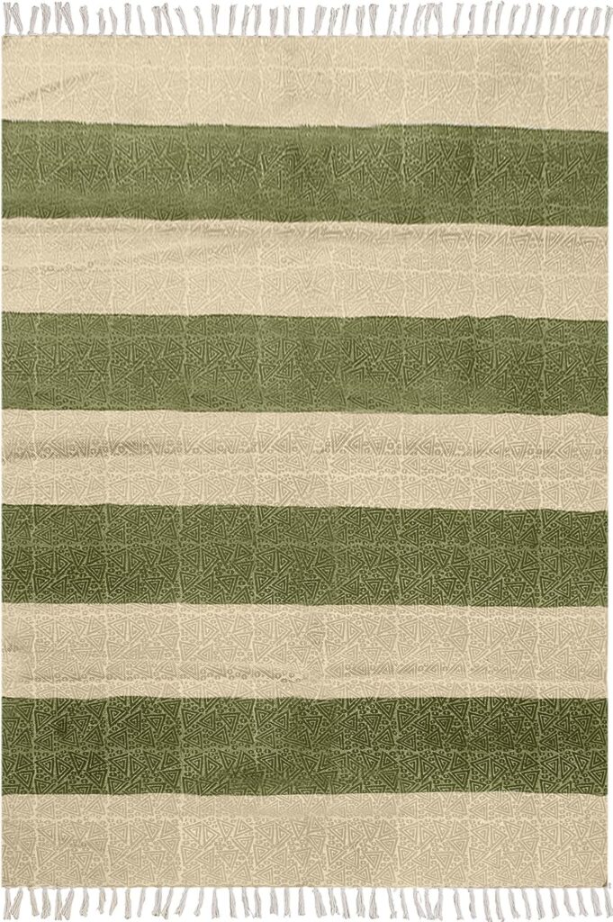 9x12 Area Rugs for Living Room Kilim Rug Striped Design Flatweave Handmade Boho Green Beige Cotton Hand Block Printed Thick 0.19 Easy Washable Indoor Outdoor Use Bedroom Dining Room