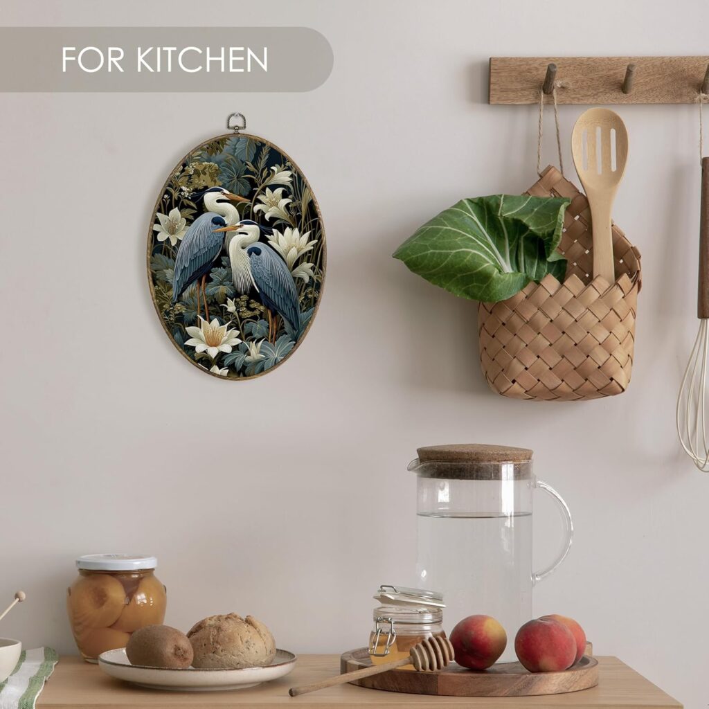 Fewgb Vintage Blue Heron Couple Oval Wall Art Decor Framed, Japandi Japanese Crane Egret Canvas Wall Art Prints Picture, William Morris Style Floral Flower Botanical Hanging Room Decor Artwork 9x12