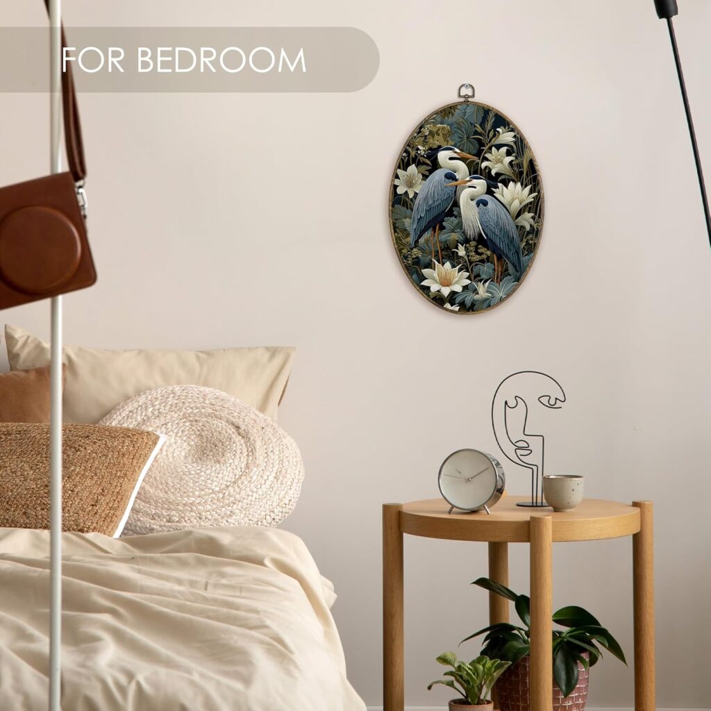 Fewgb Vintage Blue Heron Couple Oval Wall Art Decor Framed, Japandi Japanese Crane Egret Canvas Wall Art Prints Picture, William Morris Style Floral Flower Botanical Hanging Room Decor Artwork 9x12