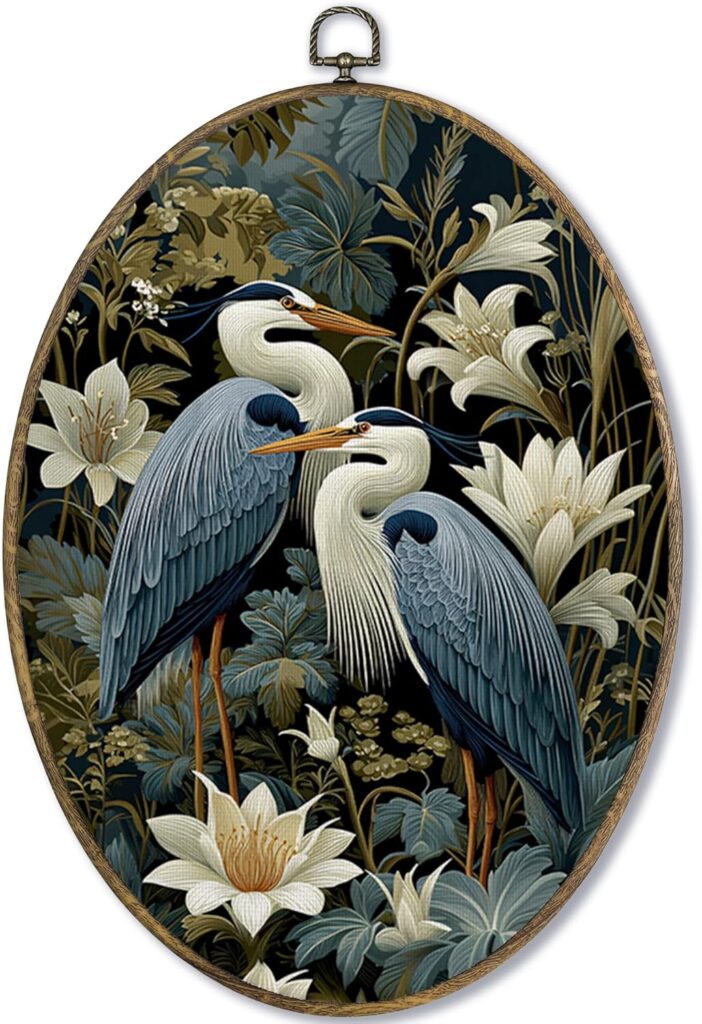 Fewgb Vintage Blue Heron Couple Oval Wall Art Decor Framed, Japandi Japanese Crane Egret Canvas Wall Art Prints Picture, William Morris Style Floral Flower Botanical Hanging Room Decor Artwork 9x12