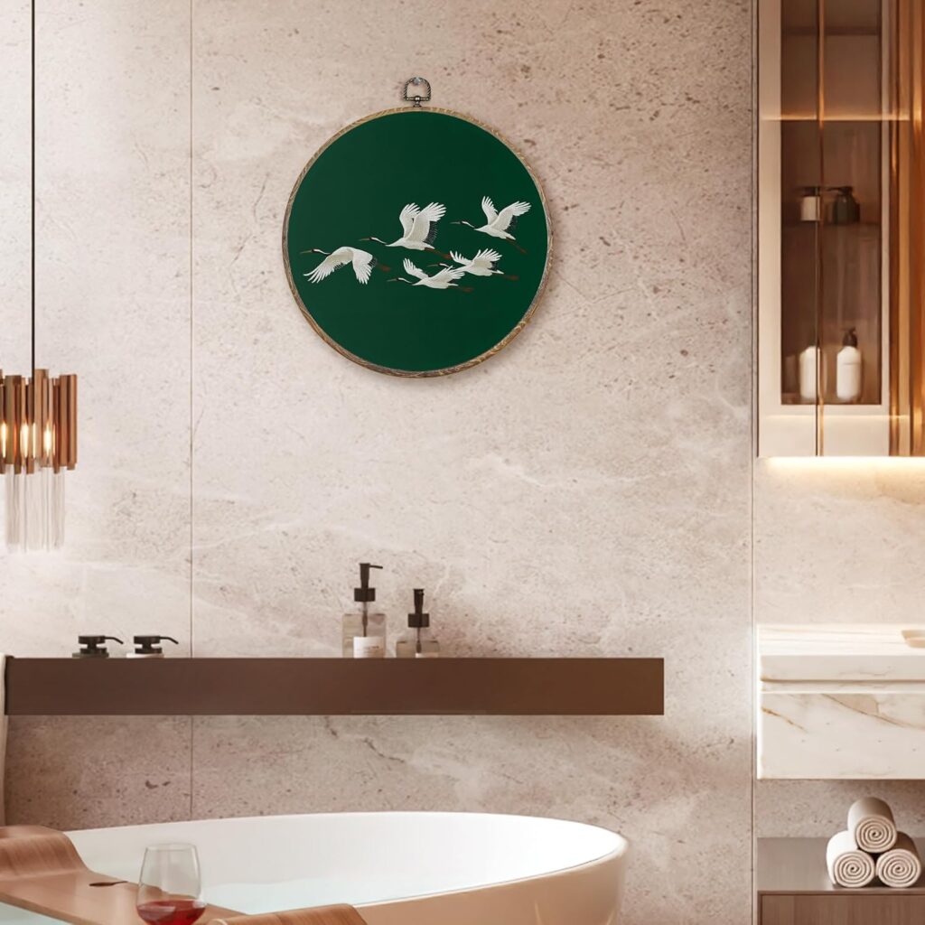 FUGWN Japanese Crane Round Wall Art Decor Framed, Japandi Canvas Artwork Prints, Dark Green Asian Oriental Japanese Crane Bird Wall Hanging Decorations for Home Bedroom Living Room, 10x10 Inch