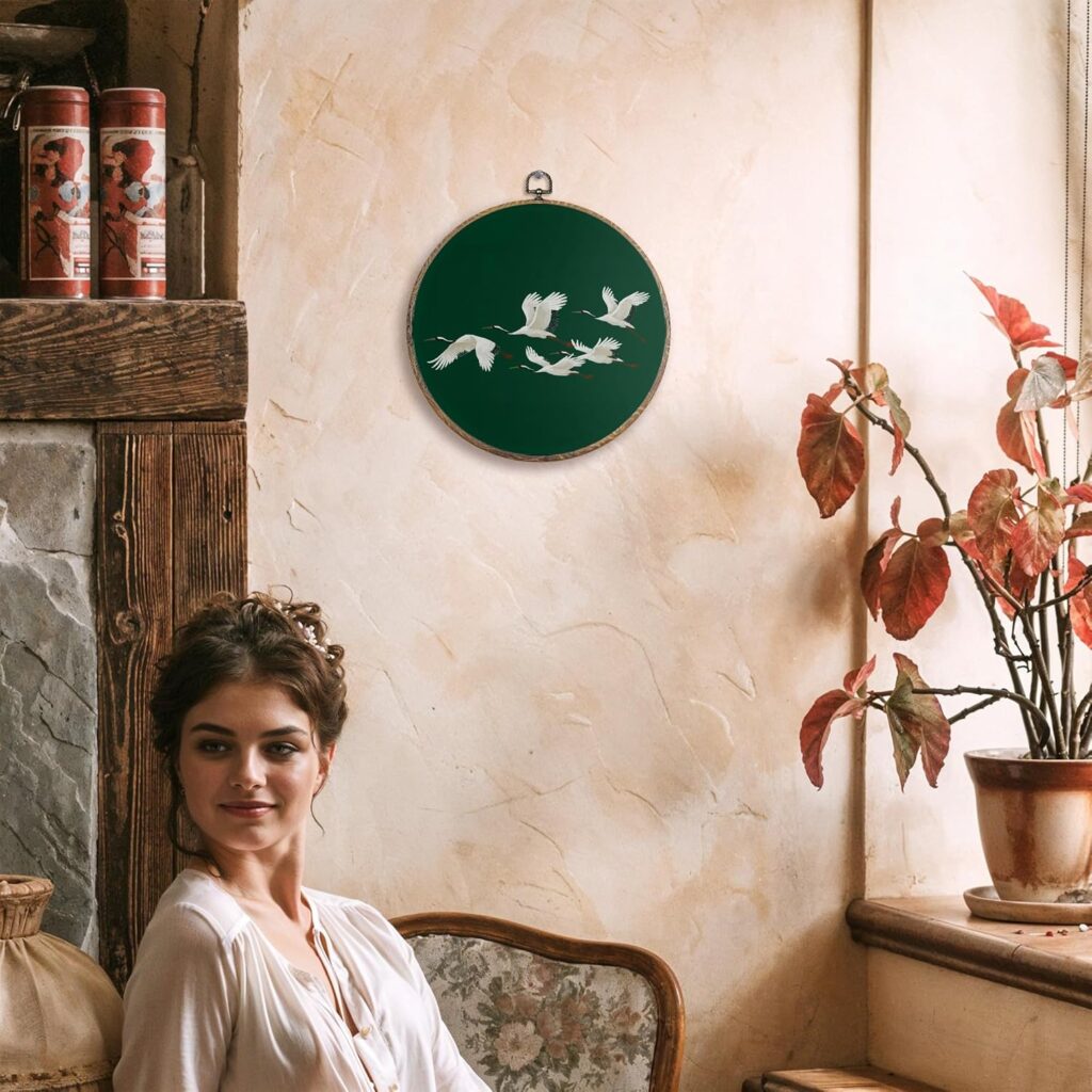 FUGWN Japanese Crane Round Wall Art Decor Framed, Japandi Canvas Artwork Prints, Dark Green Asian Oriental Japanese Crane Bird Wall Hanging Decorations for Home Bedroom Living Room, 10x10 Inch