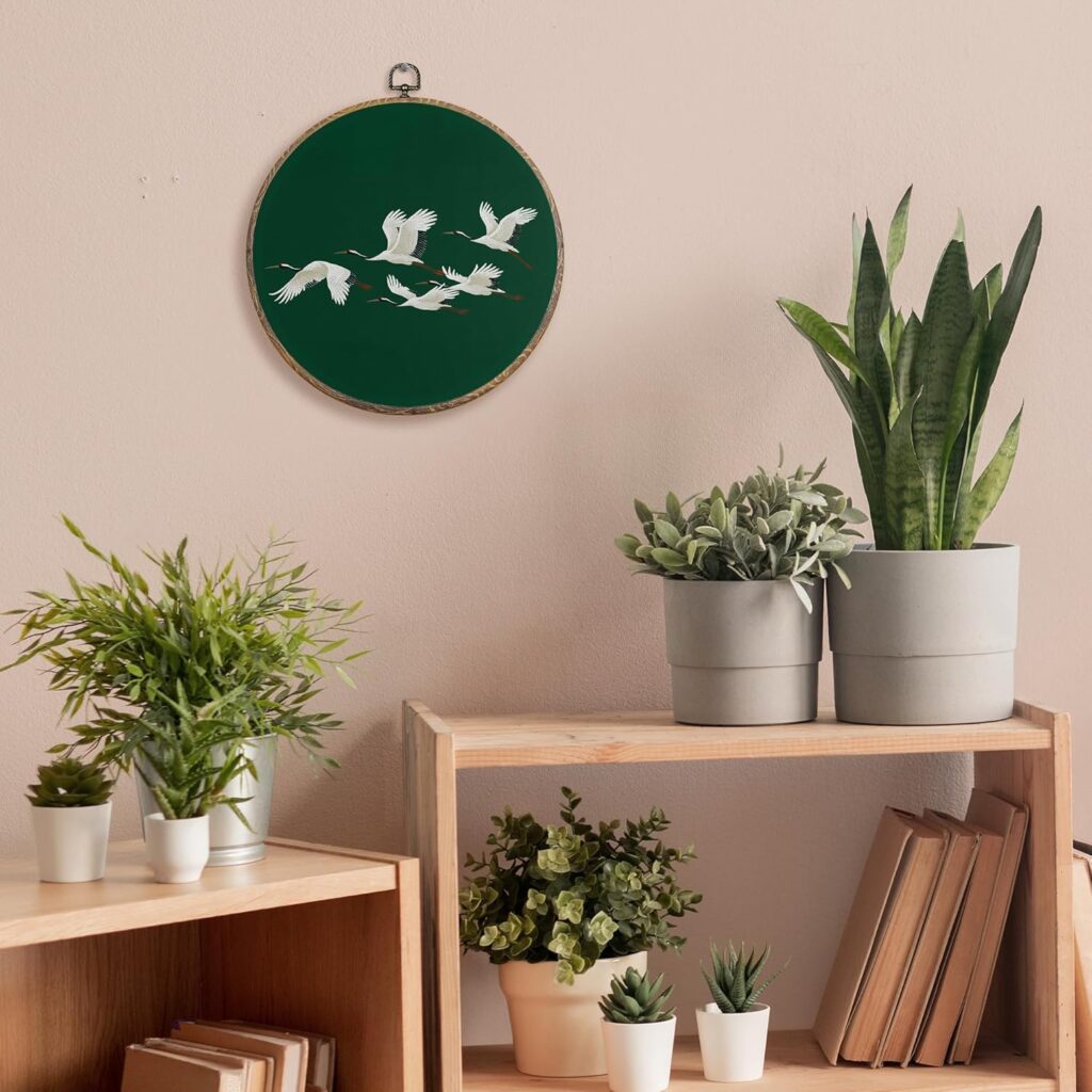 FUGWN Japanese Crane Round Wall Art Decor Framed, Japandi Canvas Artwork Prints, Dark Green Asian Oriental Japanese Crane Bird Wall Hanging Decorations for Home Bedroom Living Room, 10x10 Inch