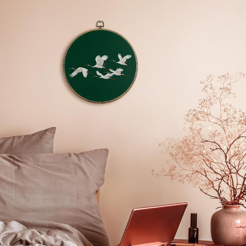 FUGWN Japanese Crane Round Wall Art Decor Framed, Japandi Canvas Artwork Prints, Dark Green Asian Oriental Japanese Crane Bird Wall Hanging Decorations for Home Bedroom Living Room, 10x10 Inch