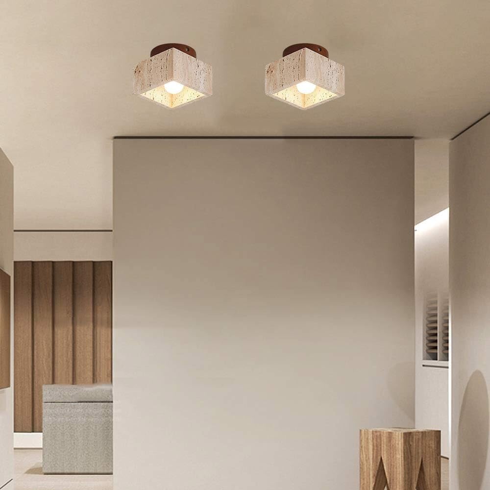 Indoor Minimalist Yellow Travertine Stone Wall Lighting Fixture with Natural Wood Accent Nordic Japandi Style Square Semi-Flush Mount for Hallway Bedroom Living Room Office(Natural Color)
