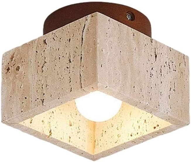 Indoor Minimalist Yellow Travertine Stone Wall Lighting Fixture with Natural Wood Accent Nordic Japandi Style Square Semi-Flush Mount for Hallway Bedroom Living Room Office(Natural Color)