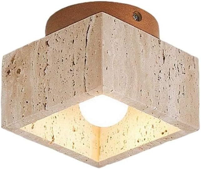 Indoor Minimalist Yellow Travertine Stone Wall Lighting Fixture with Natural Wood Accent Nordic Japandi Style Square Semi-Flush Mount for Hallway Bedroom Living Room Office(Natural Color)