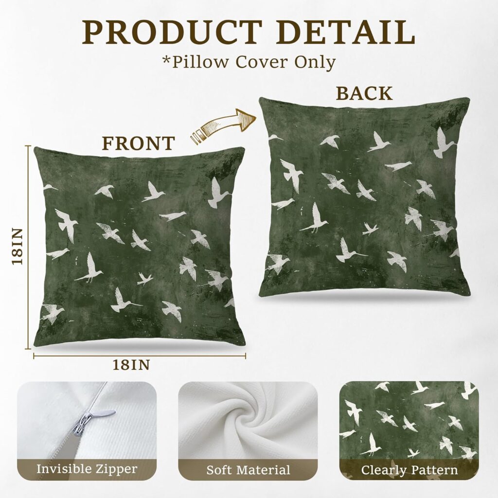 Vintage Japanese Green White Crane Bird Pillow Covers 18x18, Japandi Home Decor, Traditional Oriental Asian Minimalist Birds Pillow Cover Pillowcase for Home Bedroom Bed Couch Living Room
