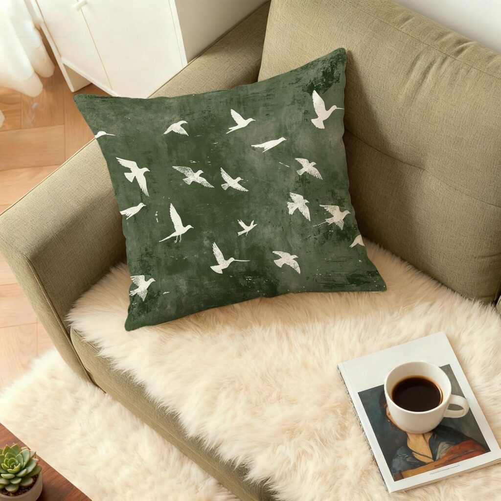 Vintage Japanese Green White Crane Bird Pillow Covers 18x18, Japandi Home Decor, Traditional Oriental Asian Minimalist Birds Pillow Cover Pillowcase for Home Bedroom Bed Couch Living Room