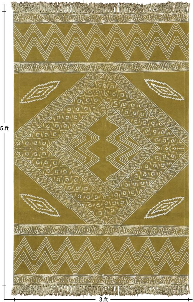 Handmade Cotton Rug Green Beige 8x10 Ft Dining Room Area Carpet Gemoetric Pattern Hand Block Printed for Handmade Boho Flatweave Rug Living Room Thick 0.19 Easy Washable Indoor Outdoor Use Bedroom