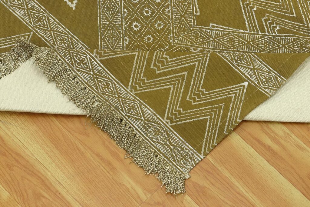 Handmade Cotton Rug Green Beige 8x10 Ft Dining Room Area Carpet Gemoetric Pattern Hand Block Printed for Handmade Boho Flatweave Rug Living Room Thick 0.19 Easy Washable Indoor Outdoor Use Bedroom
