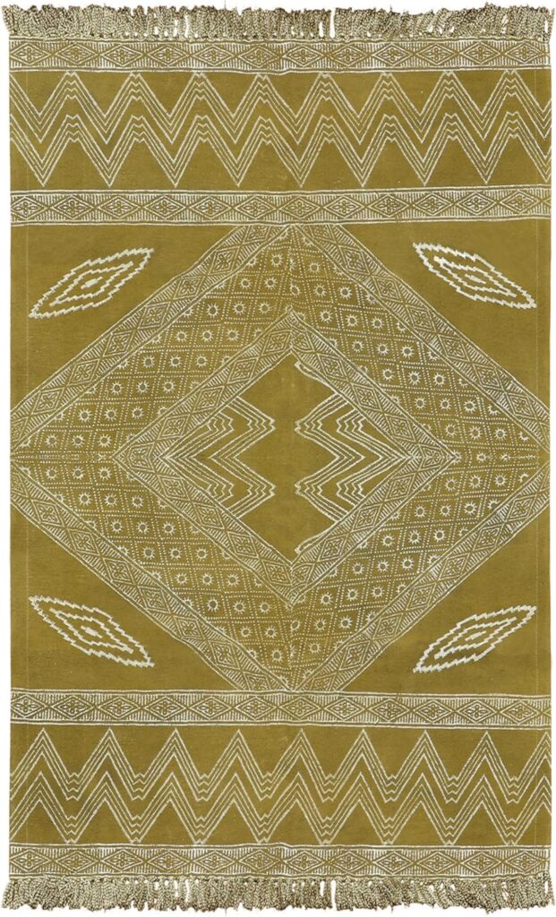 Handmade Cotton Rug Green Beige 8x10 Ft Dining Room Area Carpet Gemoetric Pattern Hand Block Printed for Handmade Boho Flatweave Rug Living Room Thick 0.19 Easy Washable Indoor Outdoor Use Bedroom