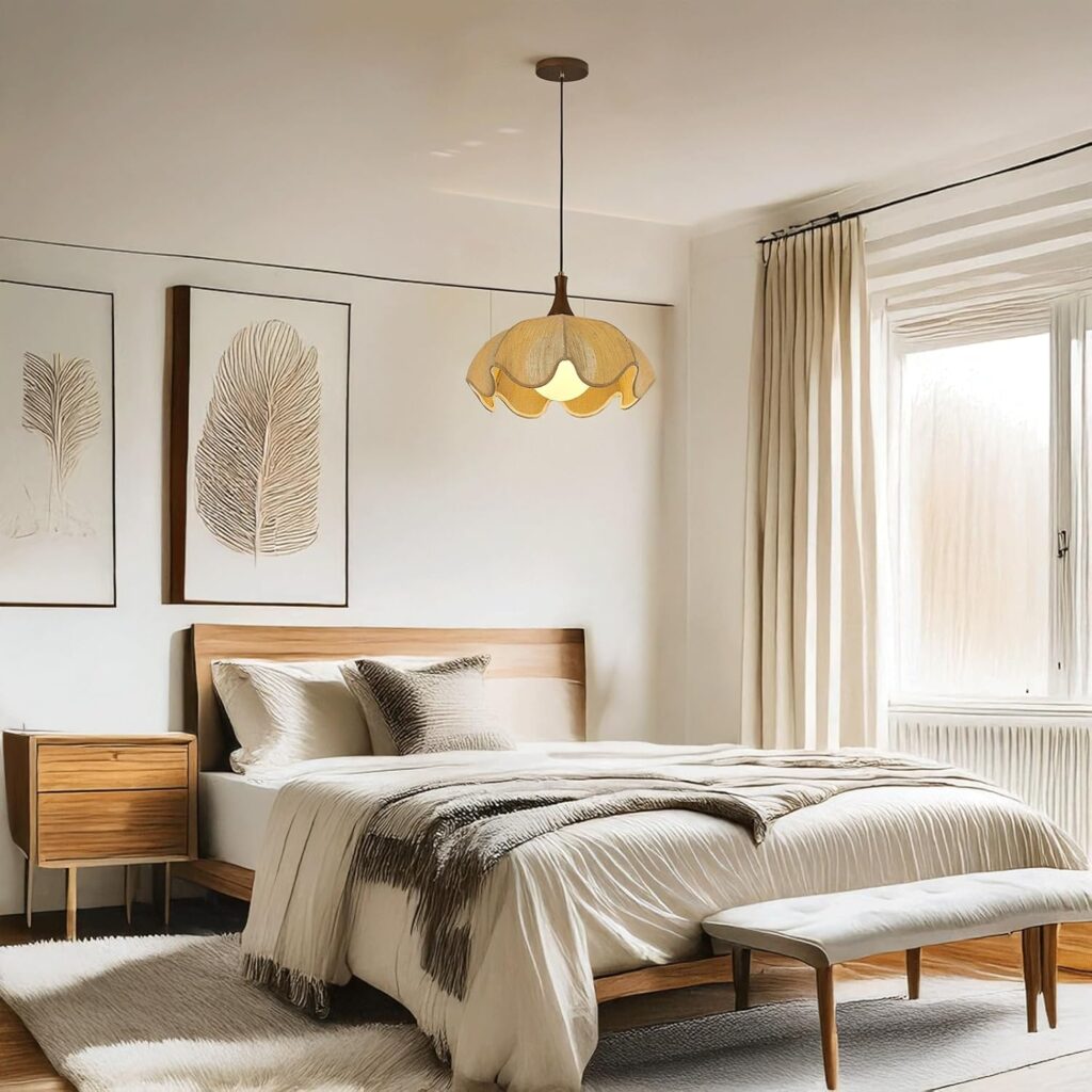 Nordic Japandi Pendant Light, Adjustable Beige Linen Fabric Flower Shaped Shade with Wavy Edge, Wood Accent Hanging Lamp, Cozy Aesthetic Fixture for Dining Room, Kitchen Island, Bedroom