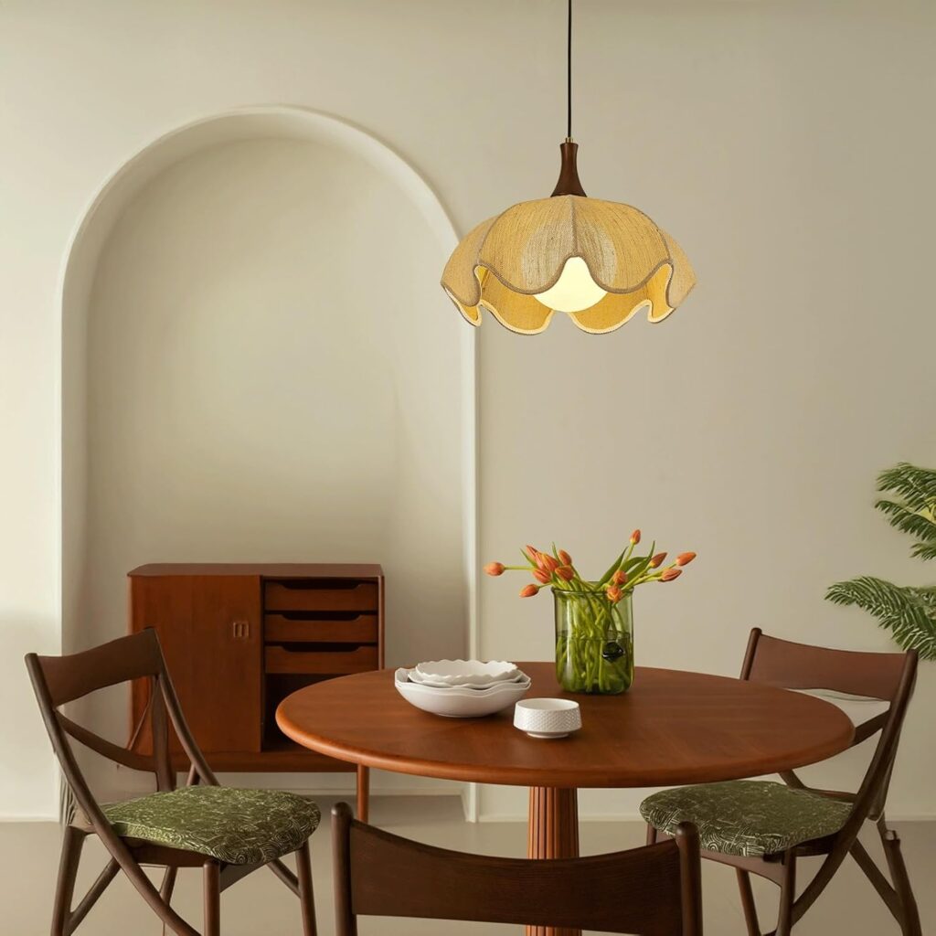 Nordic Japandi Pendant Light, Adjustable Beige Linen Fabric Flower Shaped Shade with Wavy Edge, Wood Accent Hanging Lamp, Cozy Aesthetic Fixture for Dining Room, Kitchen Island, Bedroom
