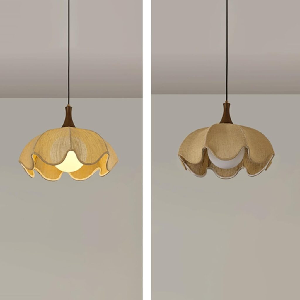 Nordic Japandi Pendant Light, Adjustable Beige Linen Fabric Flower Shaped Shade with Wavy Edge, Wood Accent Hanging Lamp, Cozy Aesthetic Fixture for Dining Room, Kitchen Island, Bedroom
