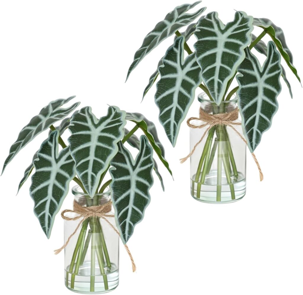 Artificial Flowers Turtle-Back, Alocasia Leaf, in Glass Vase with Faux Water,7Pcs Artificial Leaves Real Touch Latex Leaves for Centerpiece (1, Turtle-Back Leaf)