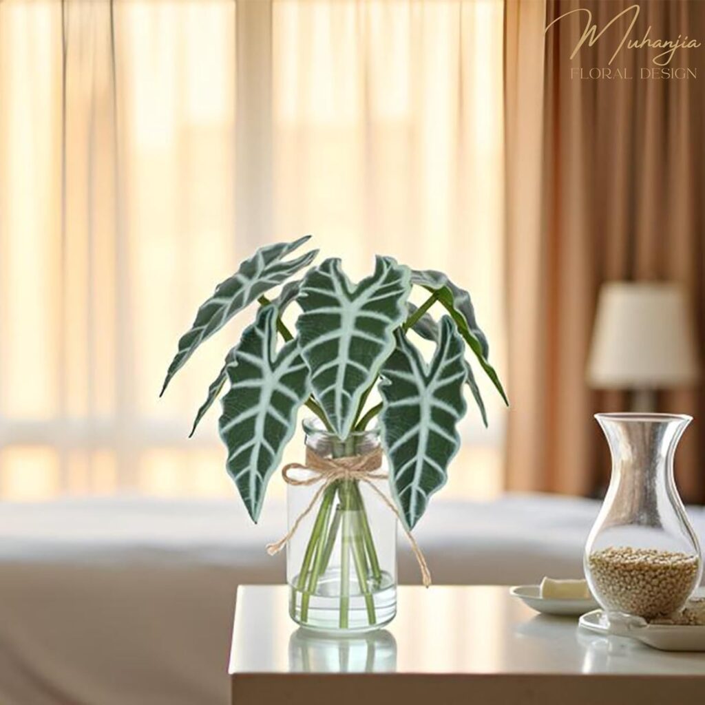 Artificial Flowers Turtle-Back, Alocasia Leaf, in Glass Vase with Faux Water,7Pcs Artificial Leaves Real Touch Latex Leaves for Centerpiece (1, Turtle-Back Leaf)