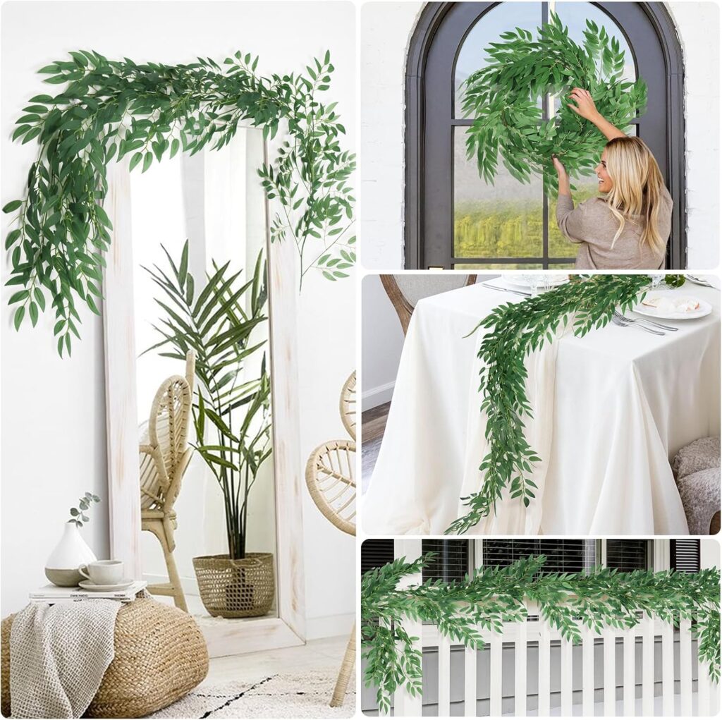 RECUTMS Fake Willow Leaves Vines Twigs 6.5Ft Artificial Hanging Greenery Garland Faux Silk Leaf Branch Ivy Rattan Decorations for Indoor Outdoor Home Wedding Party Mantle Table Decor(Green)