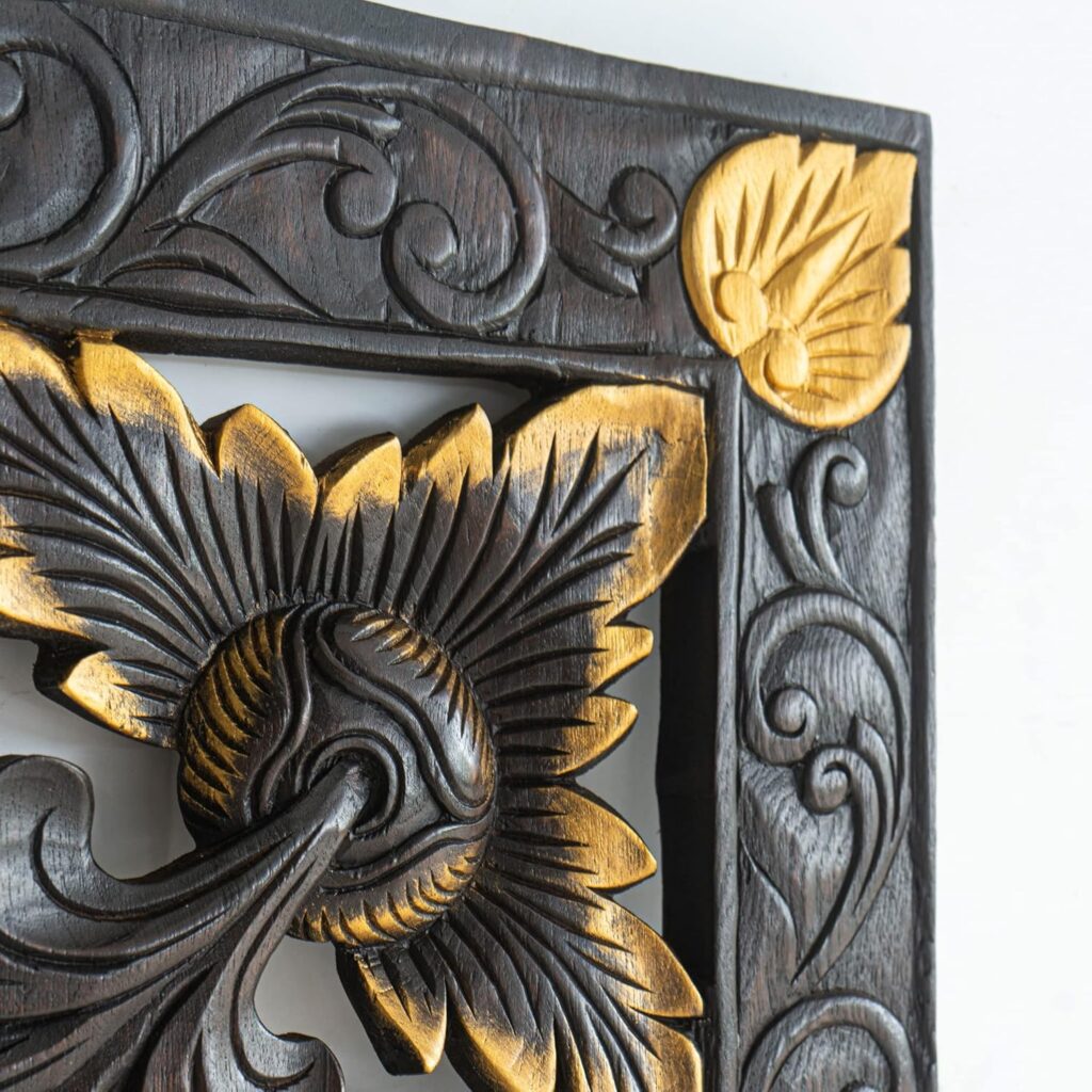 Siam Sawadee Buddha Tree Leaf Carved Teak California King Bed headboard. Master Piece Entirely Handmade from Thailand. Japandi Home Decorative Wooden Panels