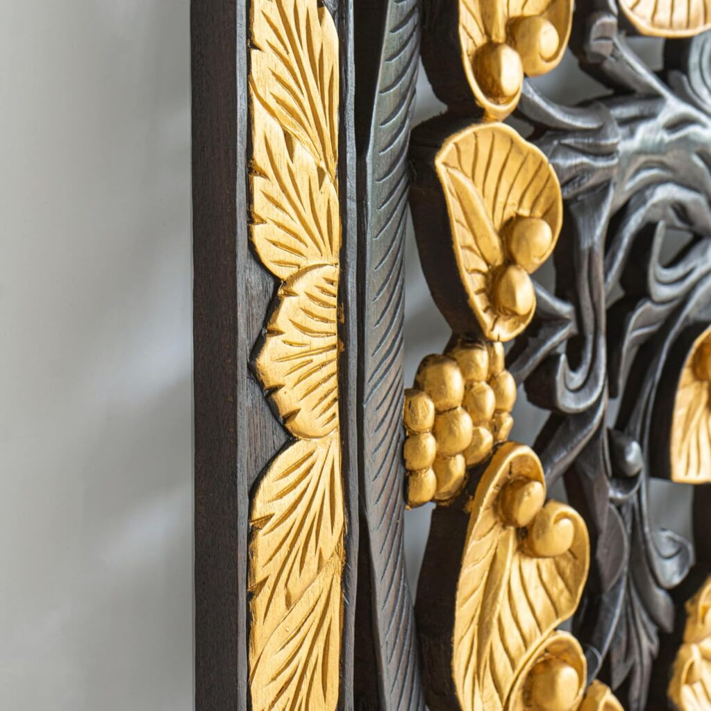 Siam Sawadee Buddha Tree Leaf Carved Teak California King Bed headboard. Master Piece Entirely Handmade from Thailand. Japandi Home Decorative Wooden Panels