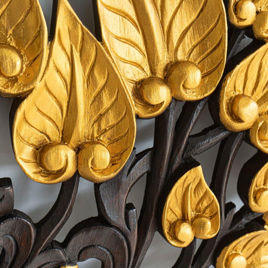 Siam Sawadee Buddha Tree Leaf Carved Teak California King Bed headboard. Master Piece Entirely Handmade from Thailand. Japandi Home Decorative Wooden Panels